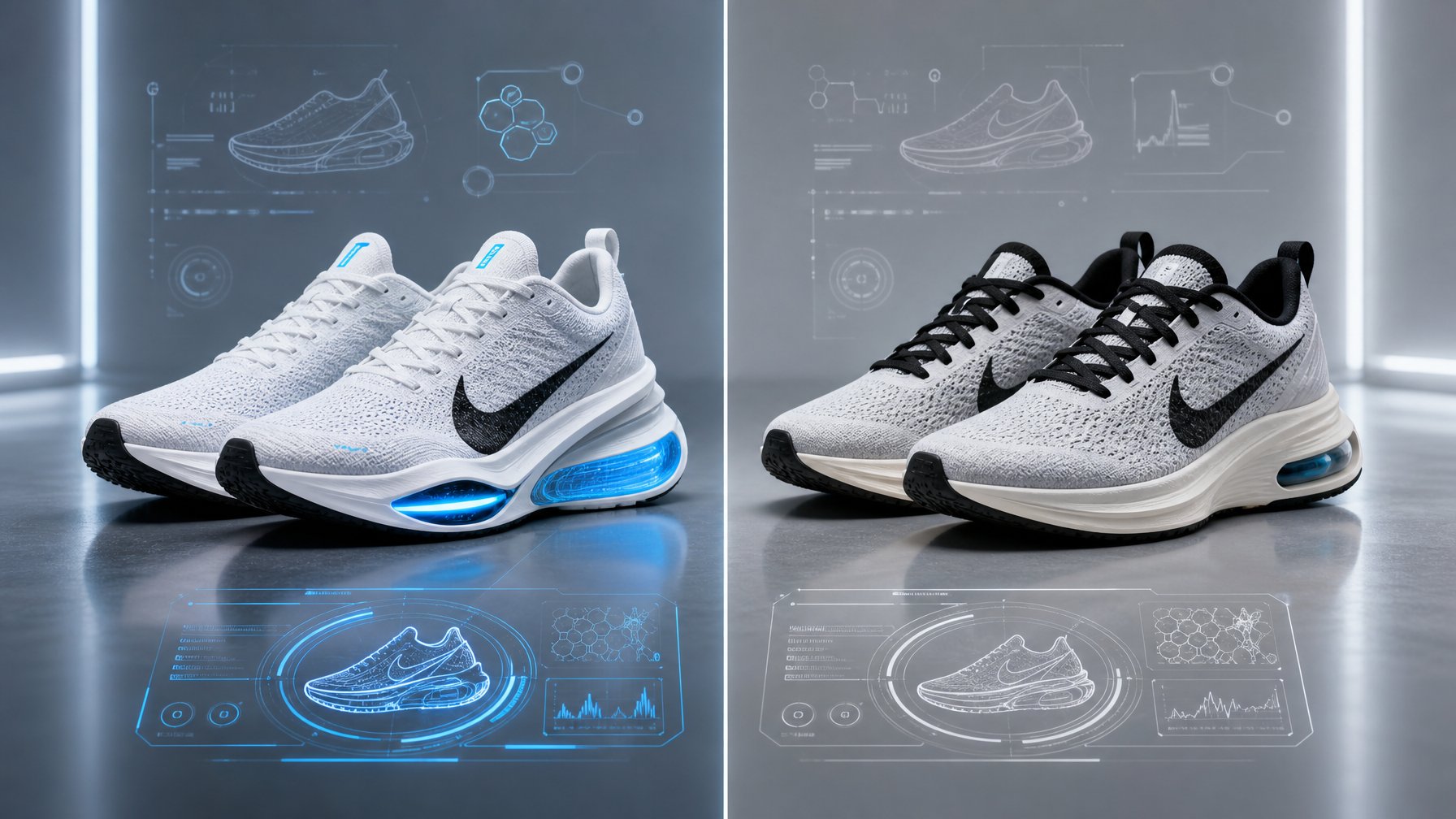 Dua pasang sepatu Nike 2026 dan 2025 diletakkan berdampingan untuk perbandingan fitur dan desain.
