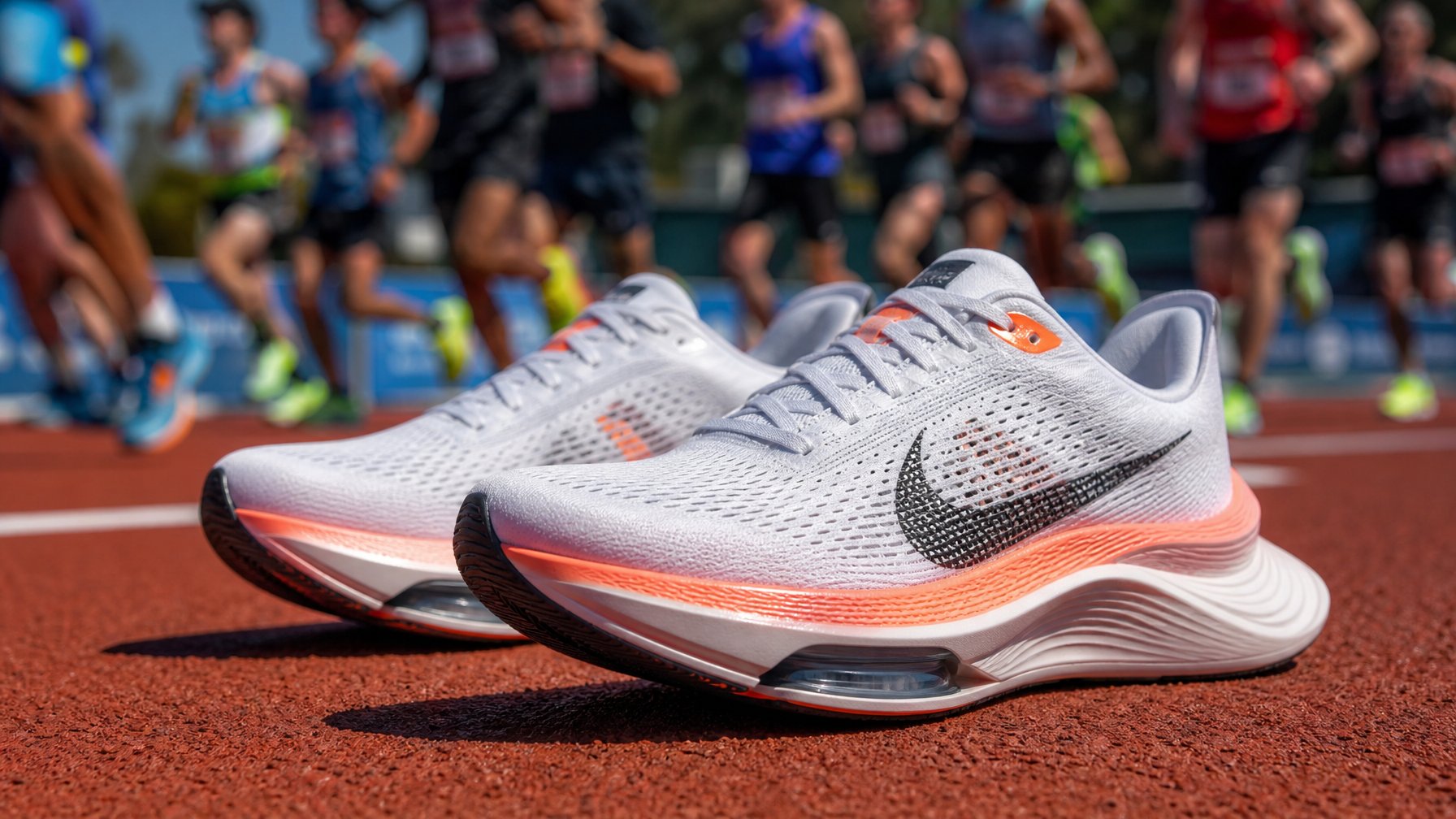 Sepasang sepatu lari Nike terbaru 2026 diletakkan di lintasan lari dengan pelari maraton yang sedang berlari di latar belakang.