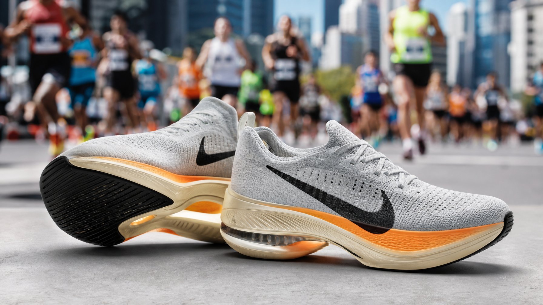 Sepasang sepatu lari Nike terbaru untuk lari jarak jauh diletakkan di permukaan bersih dengan latar belakang pelari maraton yang sedang berlari.
