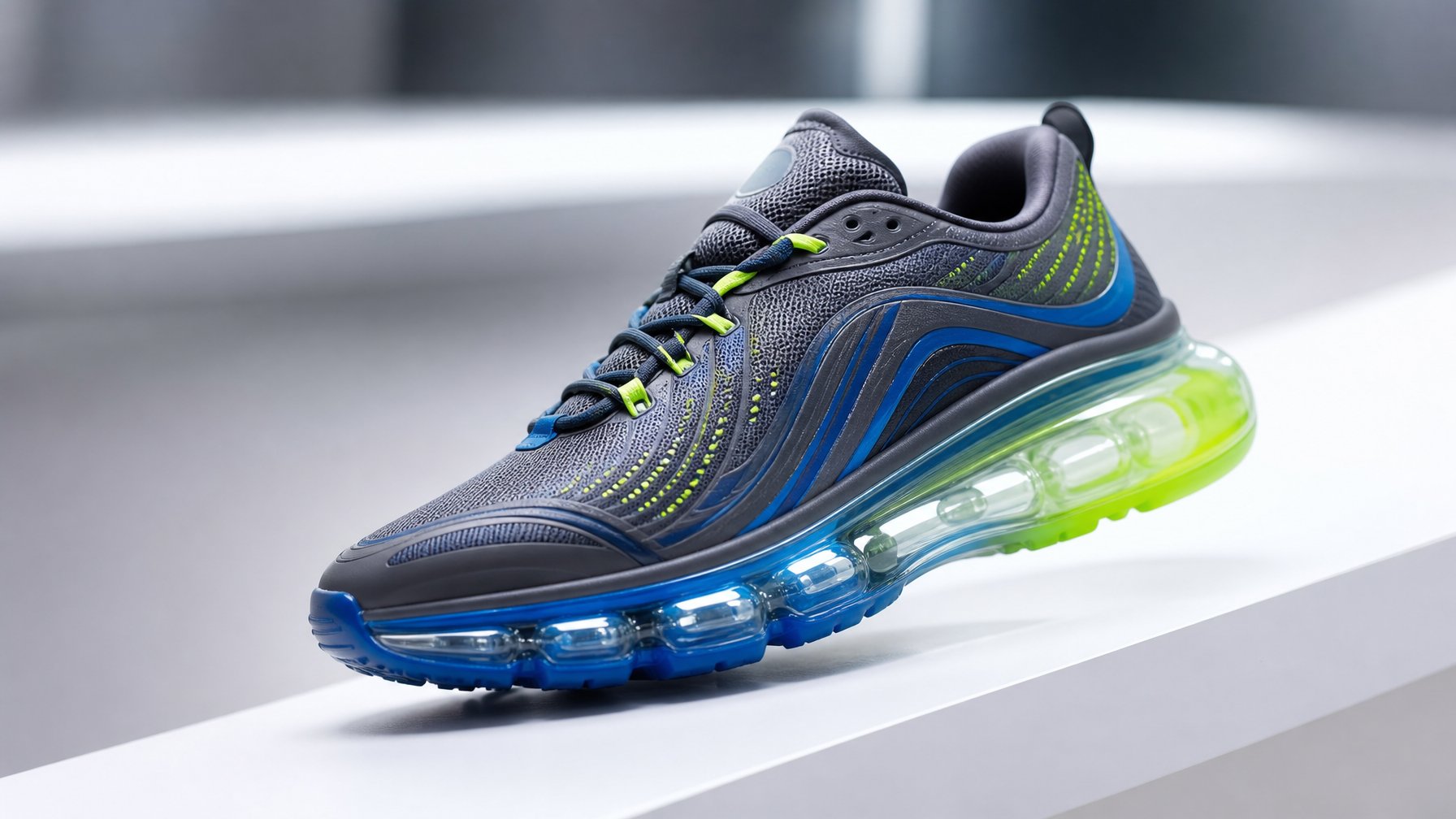 Sepatu Nike Air Liquid Max 2026 berwarna biru dan hijau dengan sol transparan, diletakkan di atas permukaan putih tanpa latar belakang yang jelas.