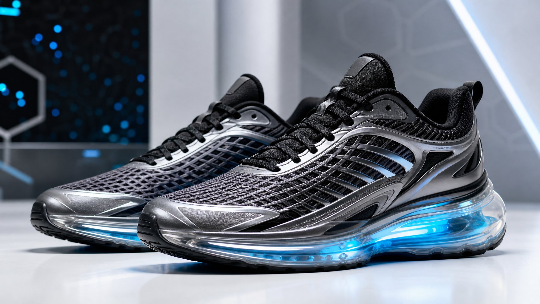 Sepasang sepatu Nike Air Liquid Max 2026 terbaru dengan desain modern dan warna hitam, perak, dan biru neon, diletakkan di atas permukaan putih dengan latar belakang samar berisi elemen teknologi.