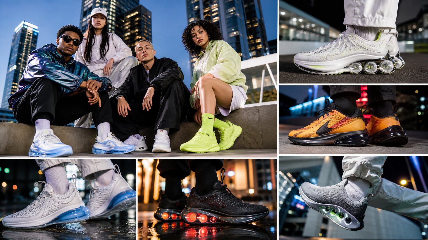 Sekelompok orang muda memakai sepatu Nike model terbaru dengan latar kota modern.