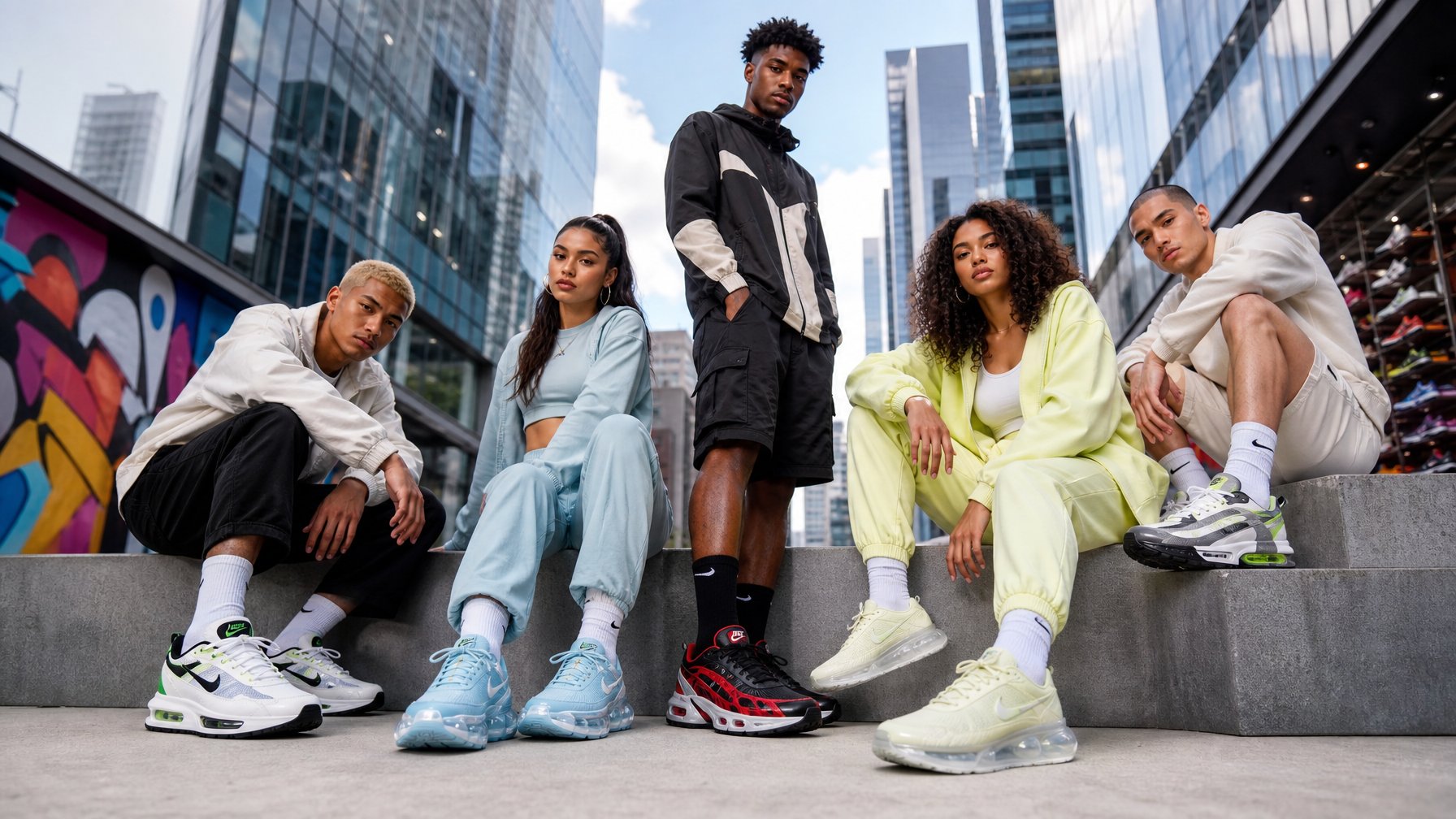 Sekelompok orang muda memakai sepatu Nike terbaru di lingkungan perkotaan modern.