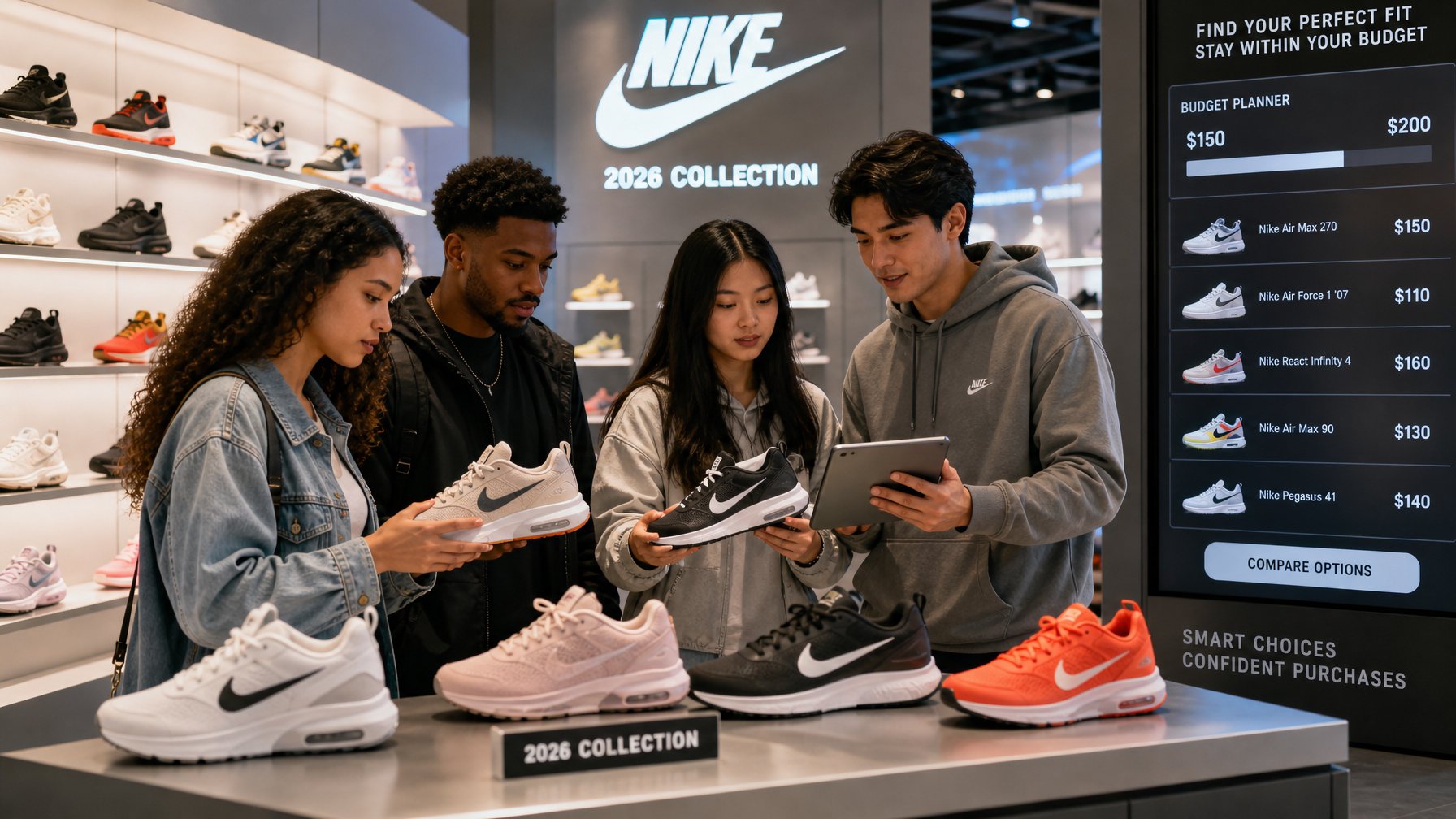 Orang-orang sedang memilih dan memeriksa sepatu Nike terbaru di toko sepatu modern.