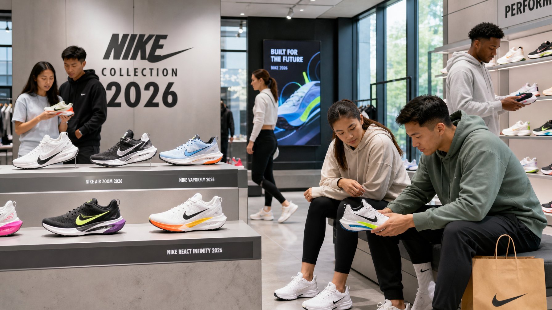 Beberapa orang muda sedang memilih dan mencoba sepatu Nike terbaru di dalam toko sepatu yang terang dan modern.