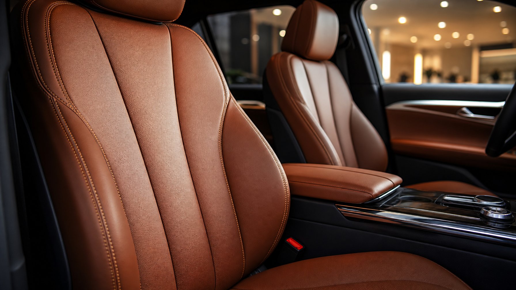 Tampilan dekat cover jok mobil berbahan kulit premium dengan jahitan rapi di dalam interior mobil modern.