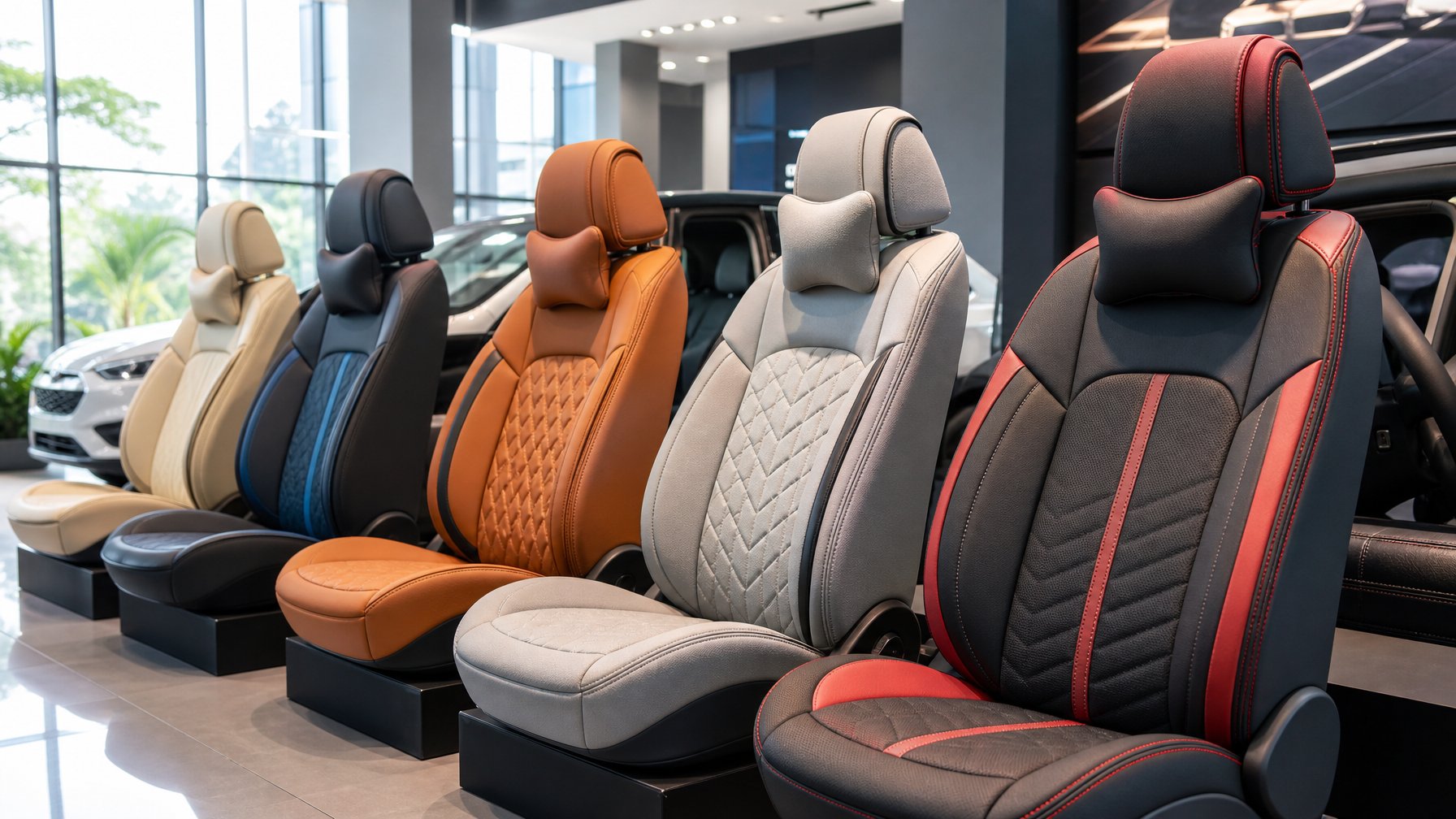 Beberapa cover jok mobil terbaru tahun 2026 dipajang di dalam showroom mobil modern dengan pencahayaan terang.