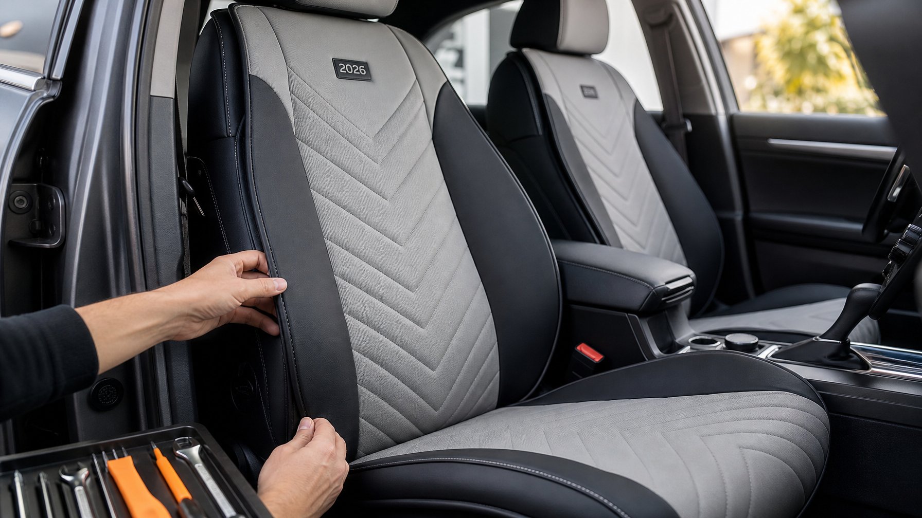 Interior mobil dengan cover jok universal terbaru yang terpasang rapi dan terlihat mewah.