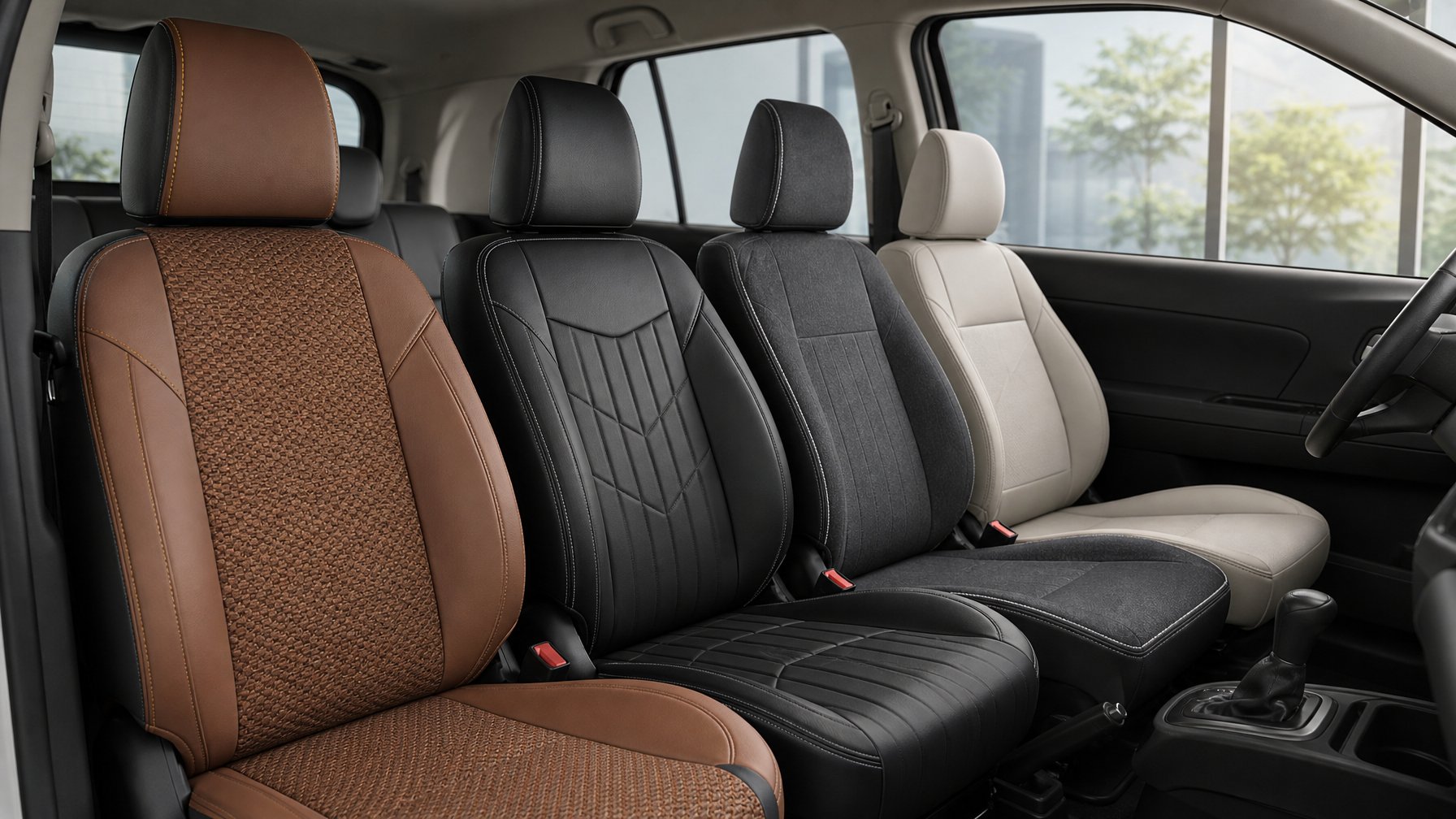 Interior mobil dengan empat jok yang dilapisi sarung jok mobil berkualitas tinggi untuk Avanza, Xpander, Brio, dan Sigra.