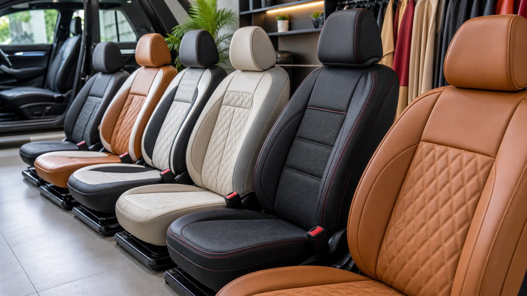 Berbagai cover jok mobil dengan berbagai warna dan bahan ditampilkan di dalam ruang pamer mobil yang terang dan rapi.