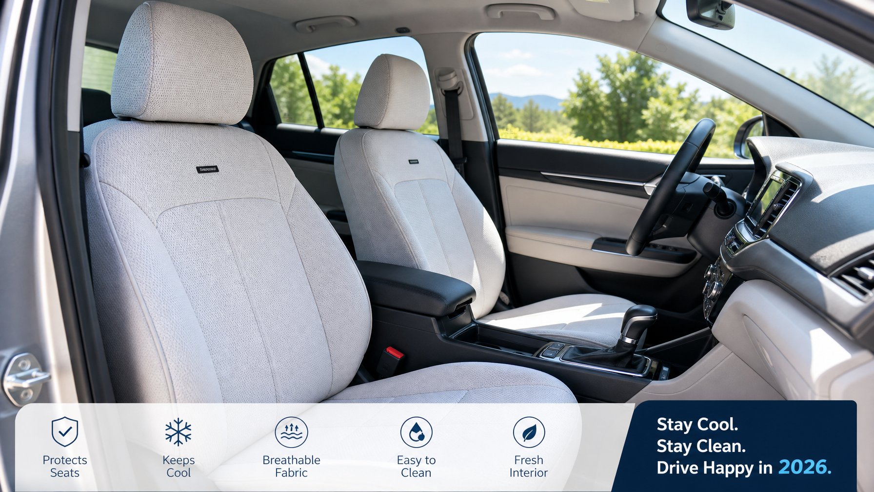 Interior mobil dengan jok yang bersih dan tertutup cover jok mobil berwarna terang, menunjukkan kebersihan dan perlindungan dari panas dan kotoran.