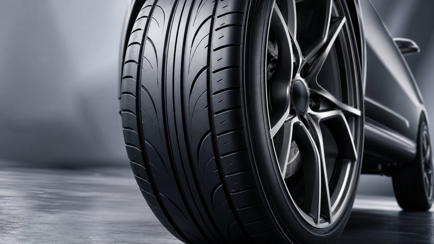 Ban mobil sporty dan modern terbaru tahun 2026 dengan desain tapak yang detail dan pelek alloy futuristik.