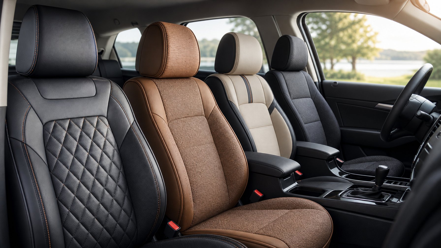 Interior mobil dengan berbagai jenis cover jok yang ditampilkan untuk menunjukkan pilihan material yang mewah dan nyaman.