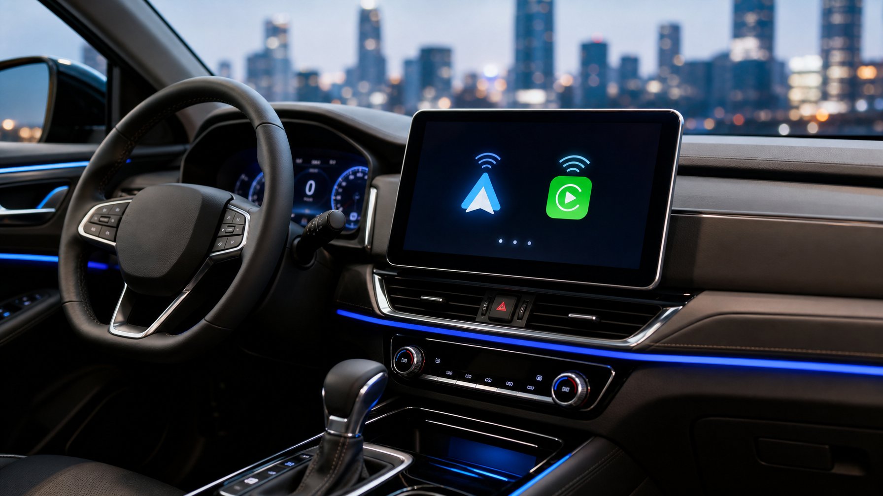 Interior mobil modern dengan sistem audio terbaru yang menampilkan layar sentuh dan koneksi nirkabel Android Auto serta Apple CarPlay.