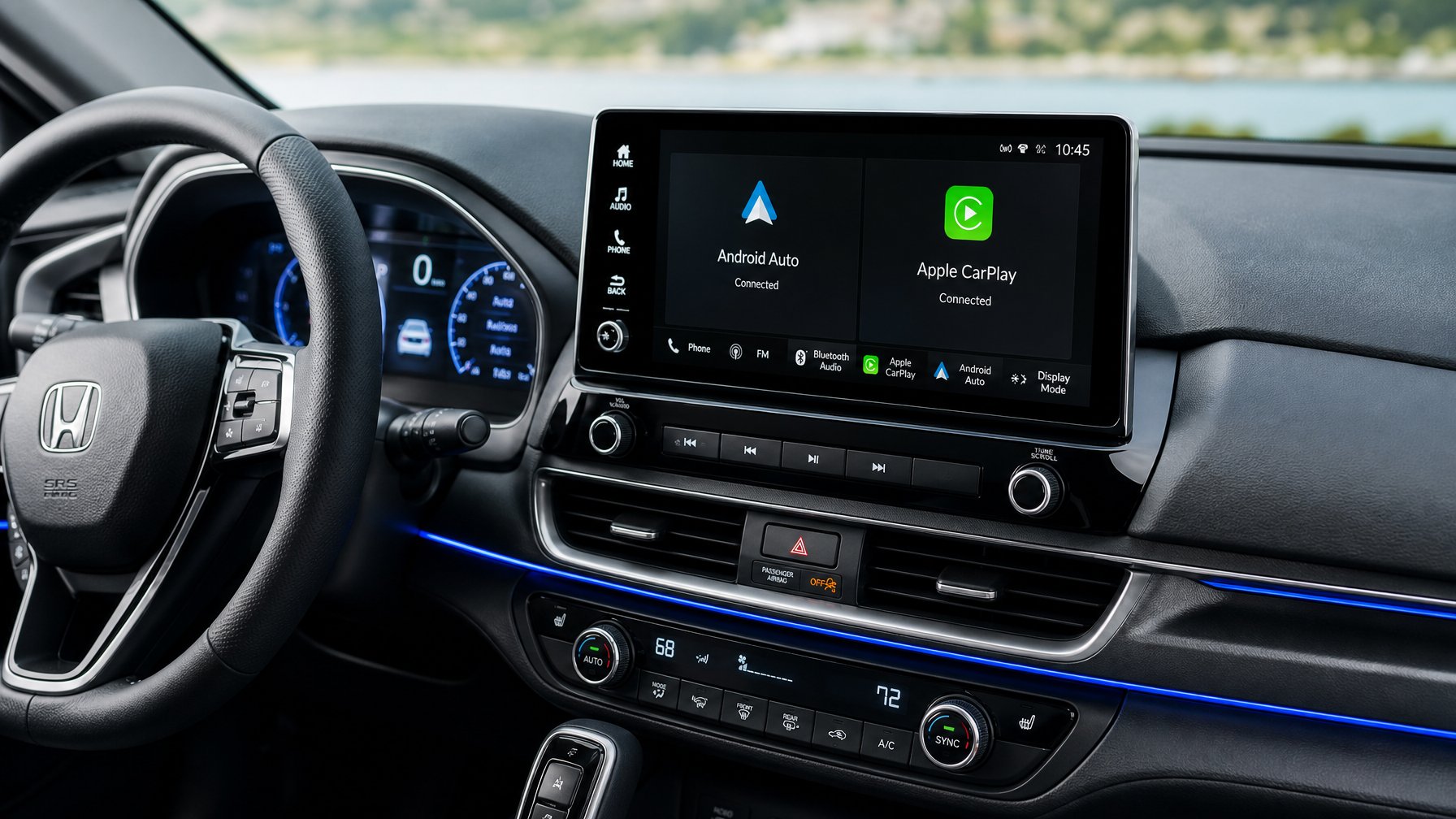 Interior mobil modern dengan sistem audio terbaru yang menampilkan layar sentuh dengan koneksi Android Auto dan nirkabel Apple CarPlay.