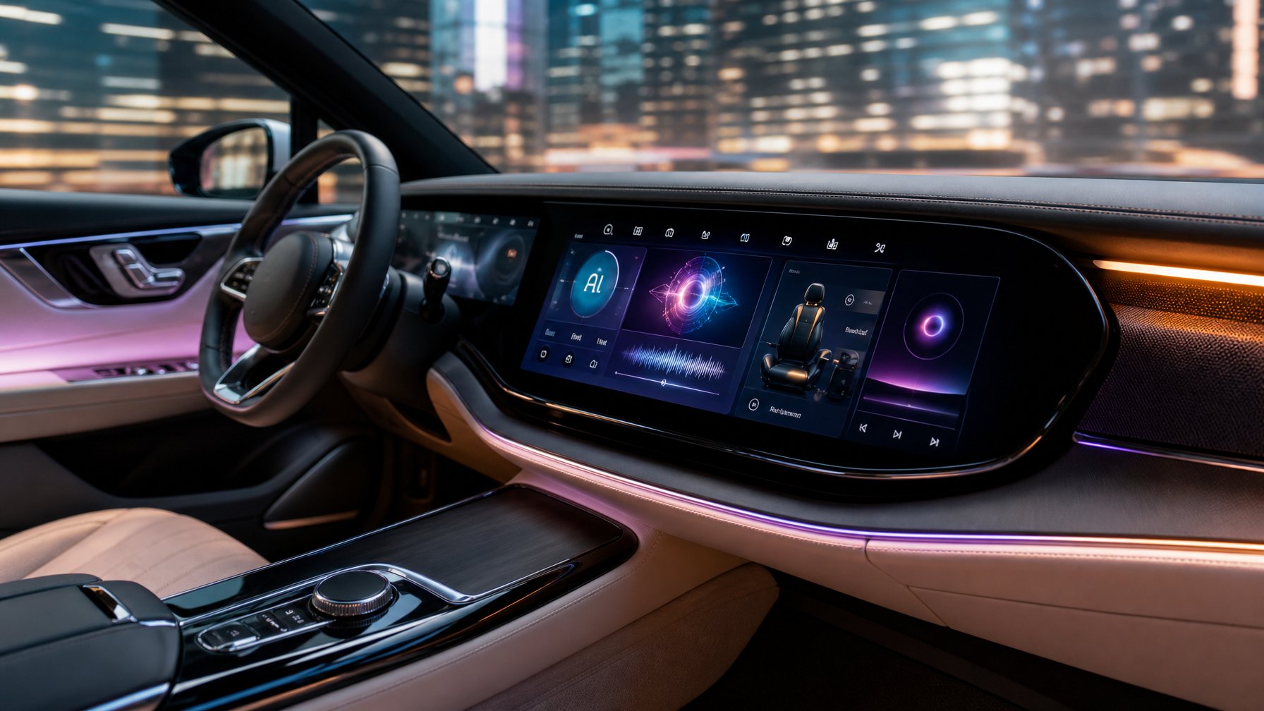 Interior mobil modern dengan head unit canggih yang menampilkan layar sentuh dan pencahayaan ambient di dalam kabin.