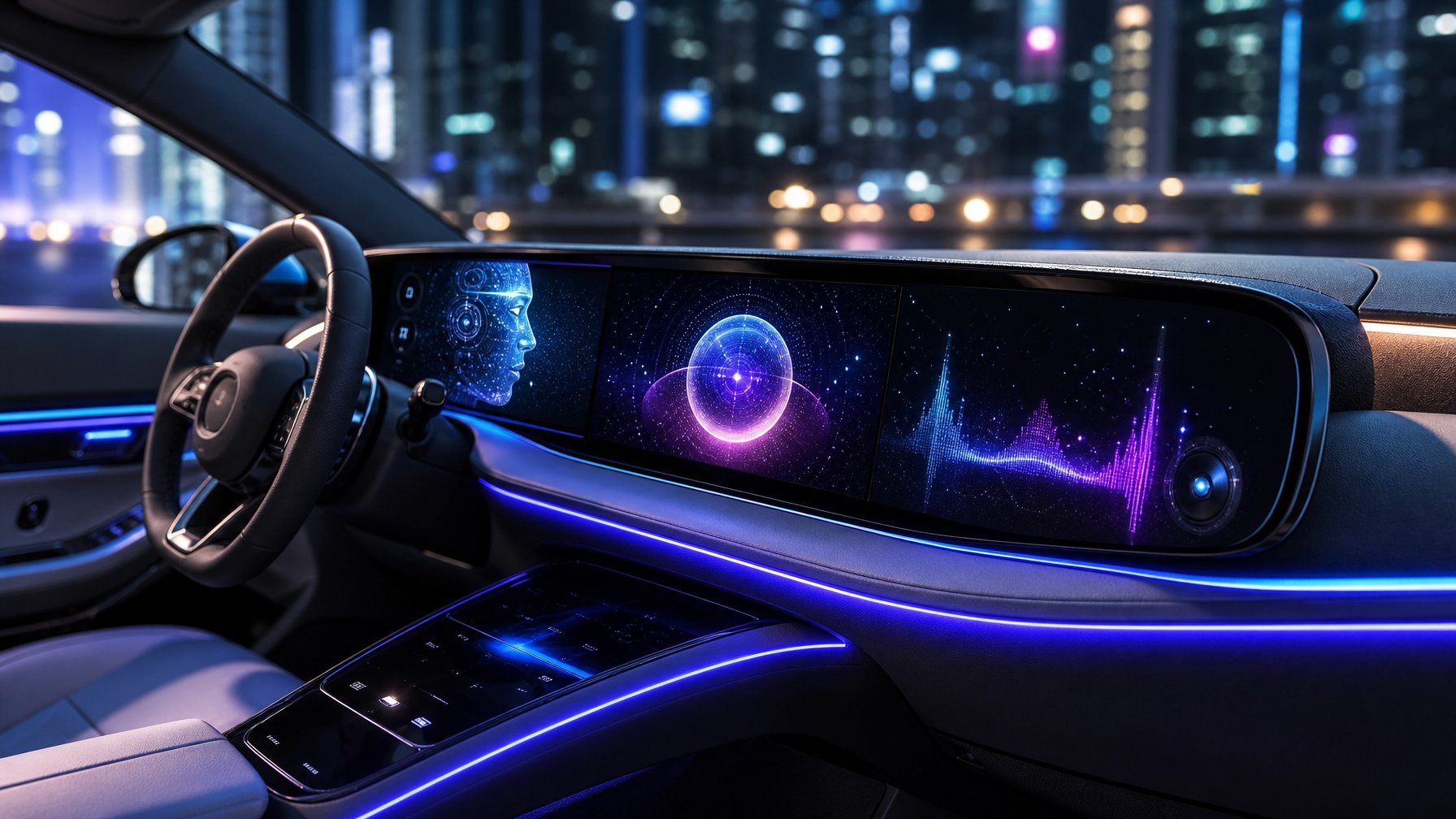 Interior mobil futuristik dengan head unit canggih menampilkan layar sentuh besar dan pencahayaan ambient biru dan ungu.