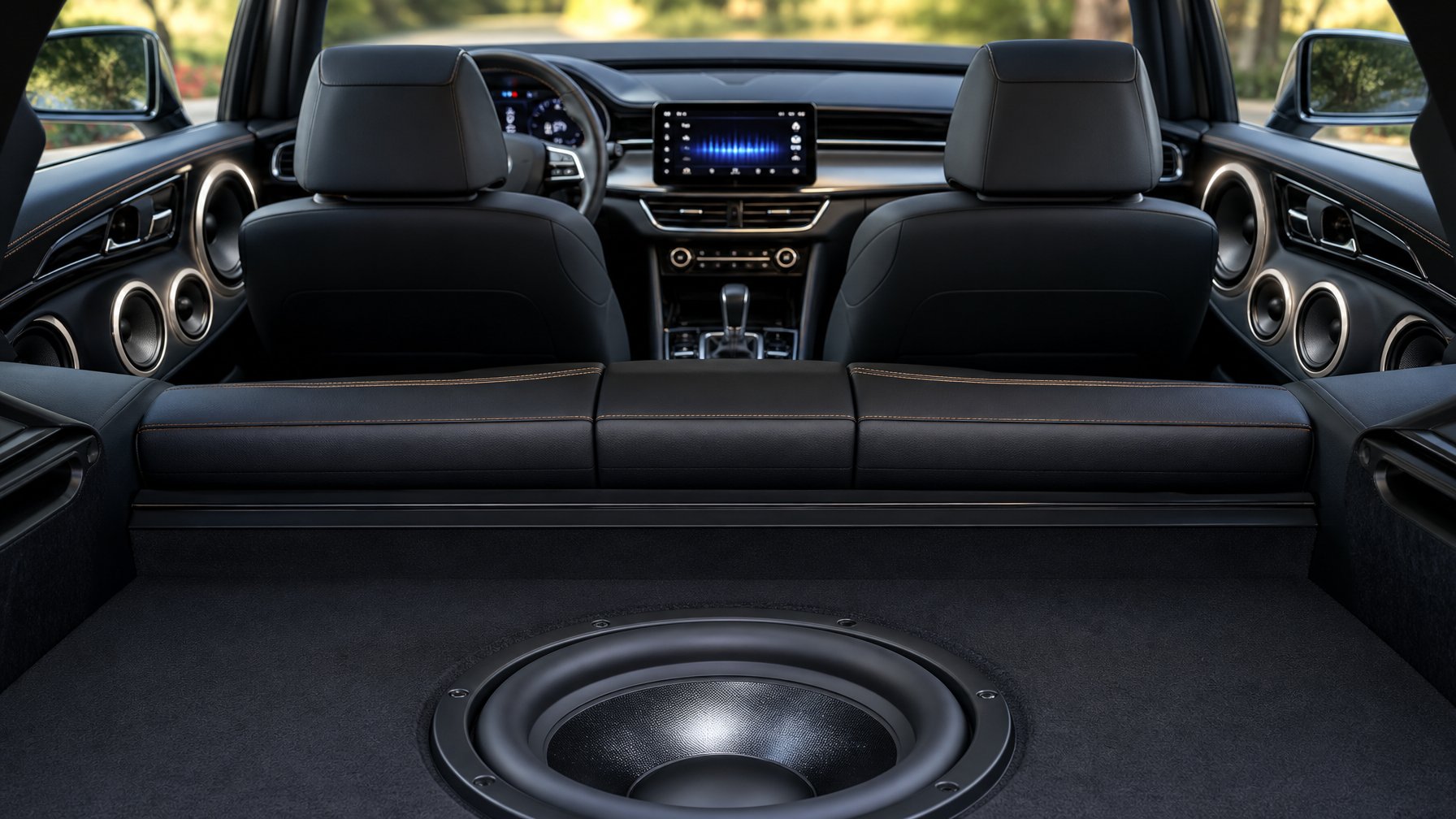 Interior mobil modern dengan sistem audio mobil berkualitas tinggi yang terlihat jelas dan rapi.