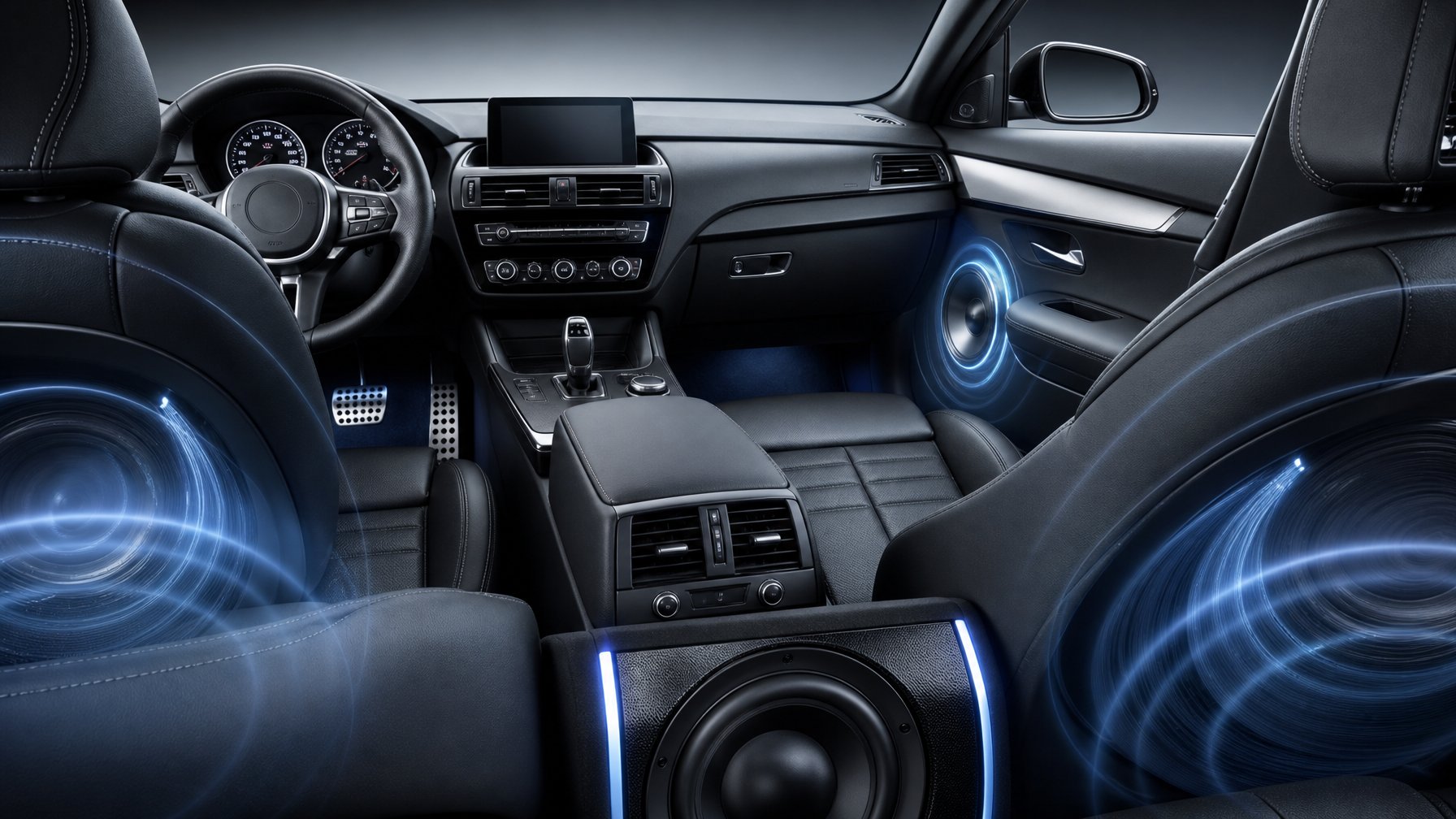 Interior mobil modern dengan sistem audio berkualitas tinggi dan speaker subwoofer yang menonjol.