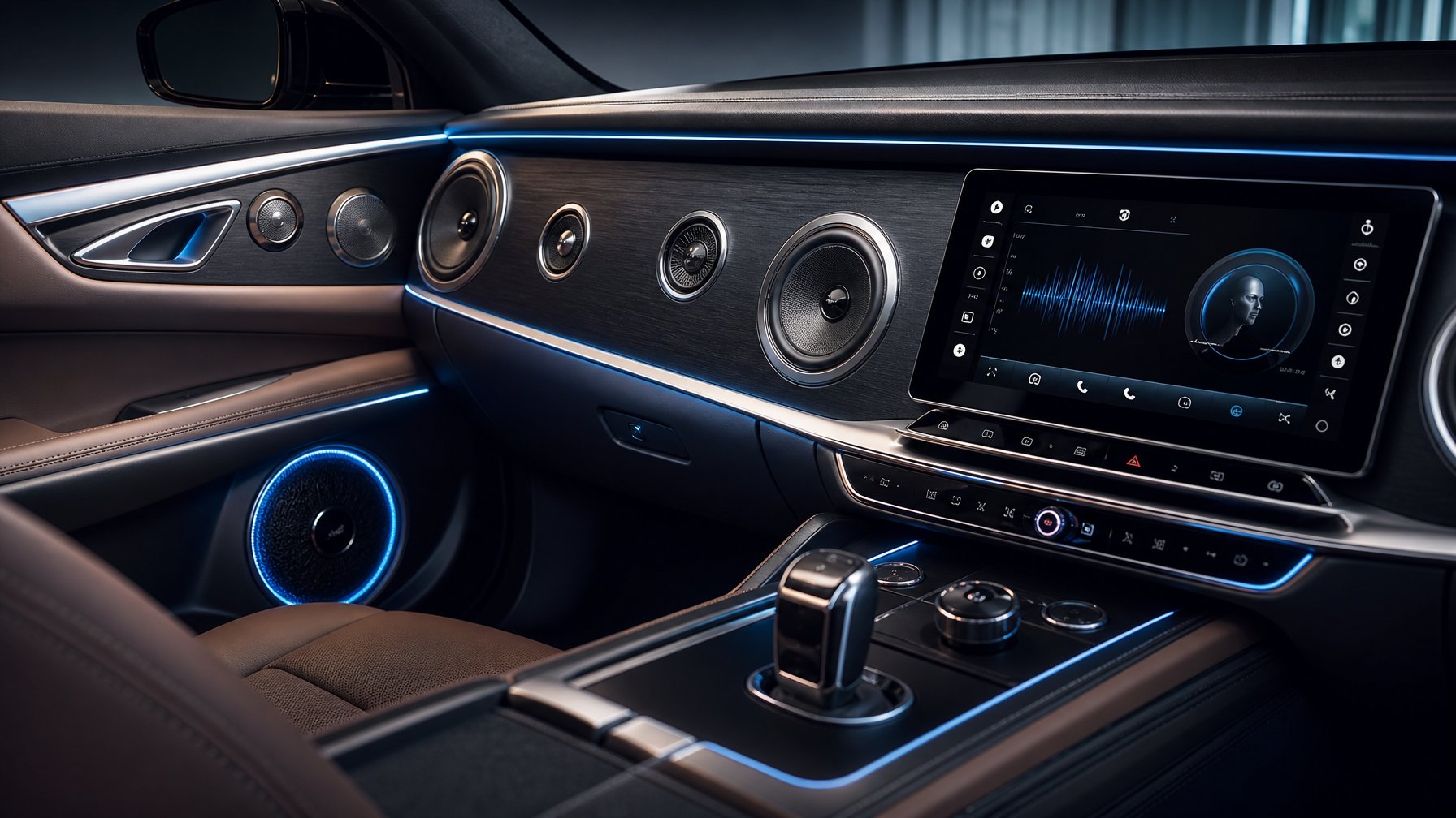 Sistem audio mobil modern dengan speaker canggih dan layar sentuh di dalam interior mobil mewah.