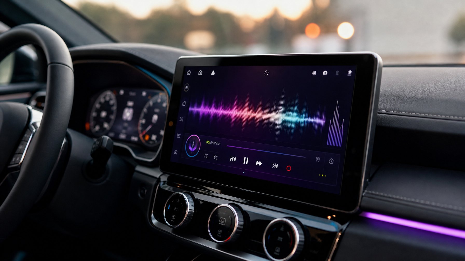 Dashboard mobil modern dengan head unit layar besar menampilkan antarmuka audio berkualitas tinggi.