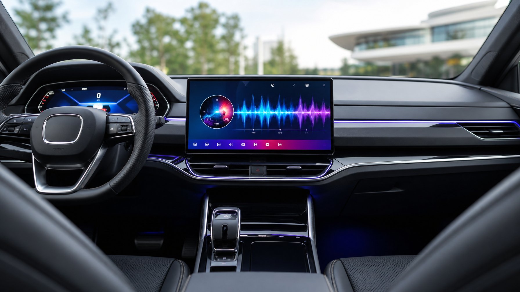 Interior mobil modern yang menampilkan head unit Android dengan layar besar dan antarmuka pemutar musik.