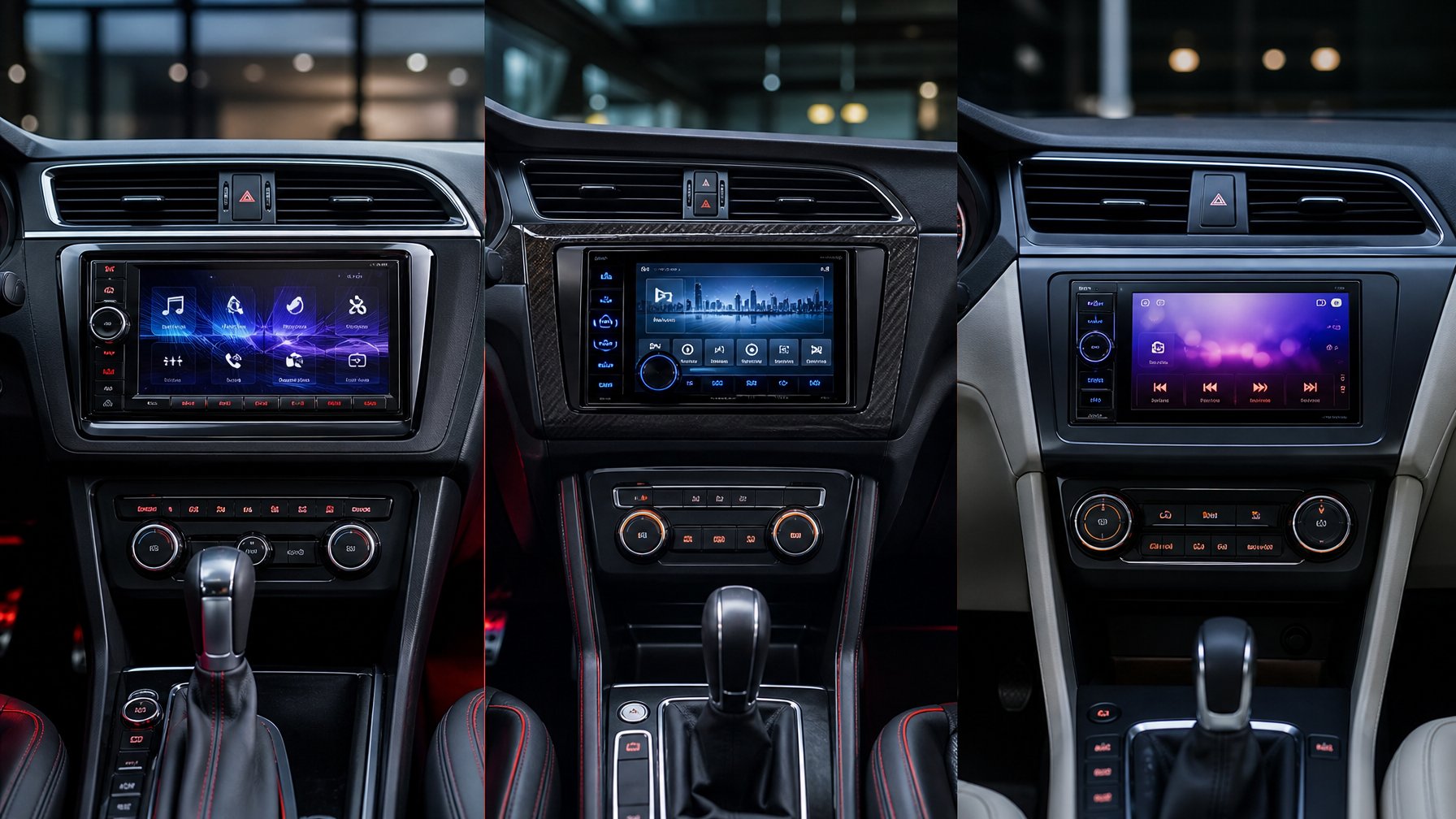 Tampilan interior mobil modern dengan tiga sistem audio mobil terbaru dari Pioneer, Kenwood, dan Sony yang dipasang di dashboard.
