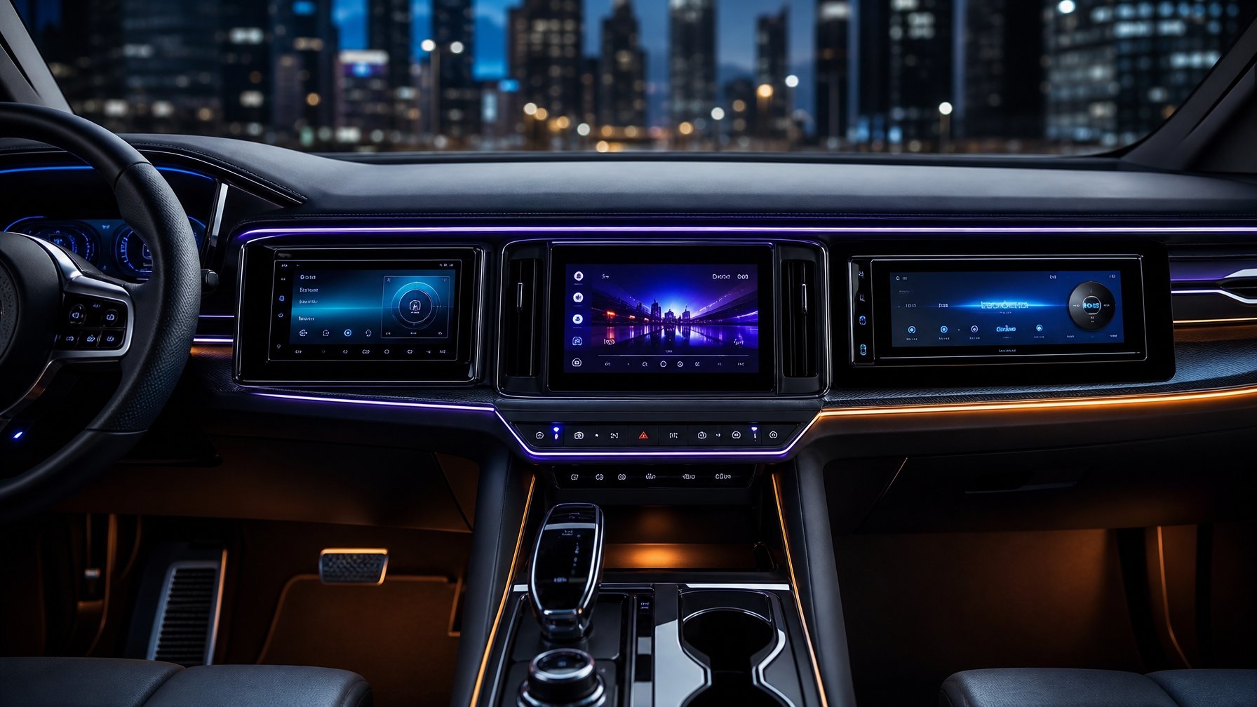 Interior mobil modern dengan sistem audio canggih yang menampilkan tiga unit audio mobil terbaru dari merek berbeda di dasbor.