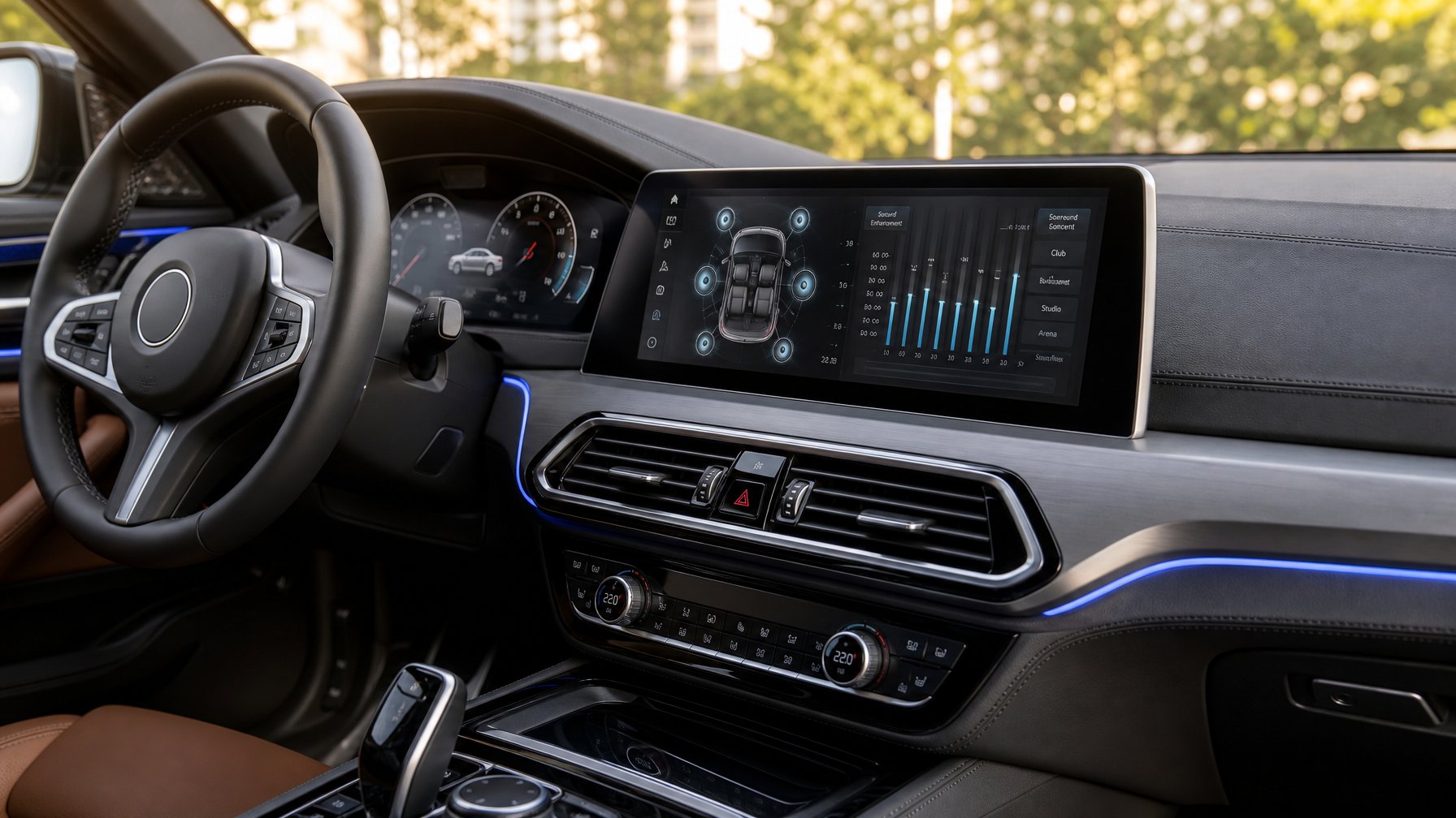 Interior mobil modern dengan sistem audio canggih dan layar sentuh yang menampilkan pengaturan suara otomatis.