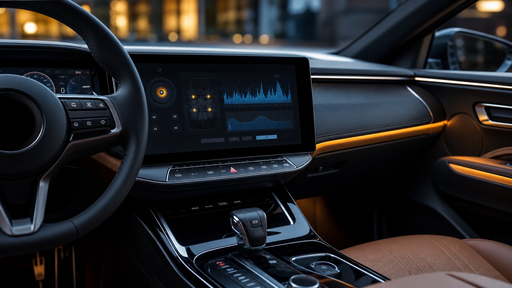 Interior mobil modern dengan sistem audio canggih yang menampilkan kontrol DSP dan tuning otomatis pada layar digital.