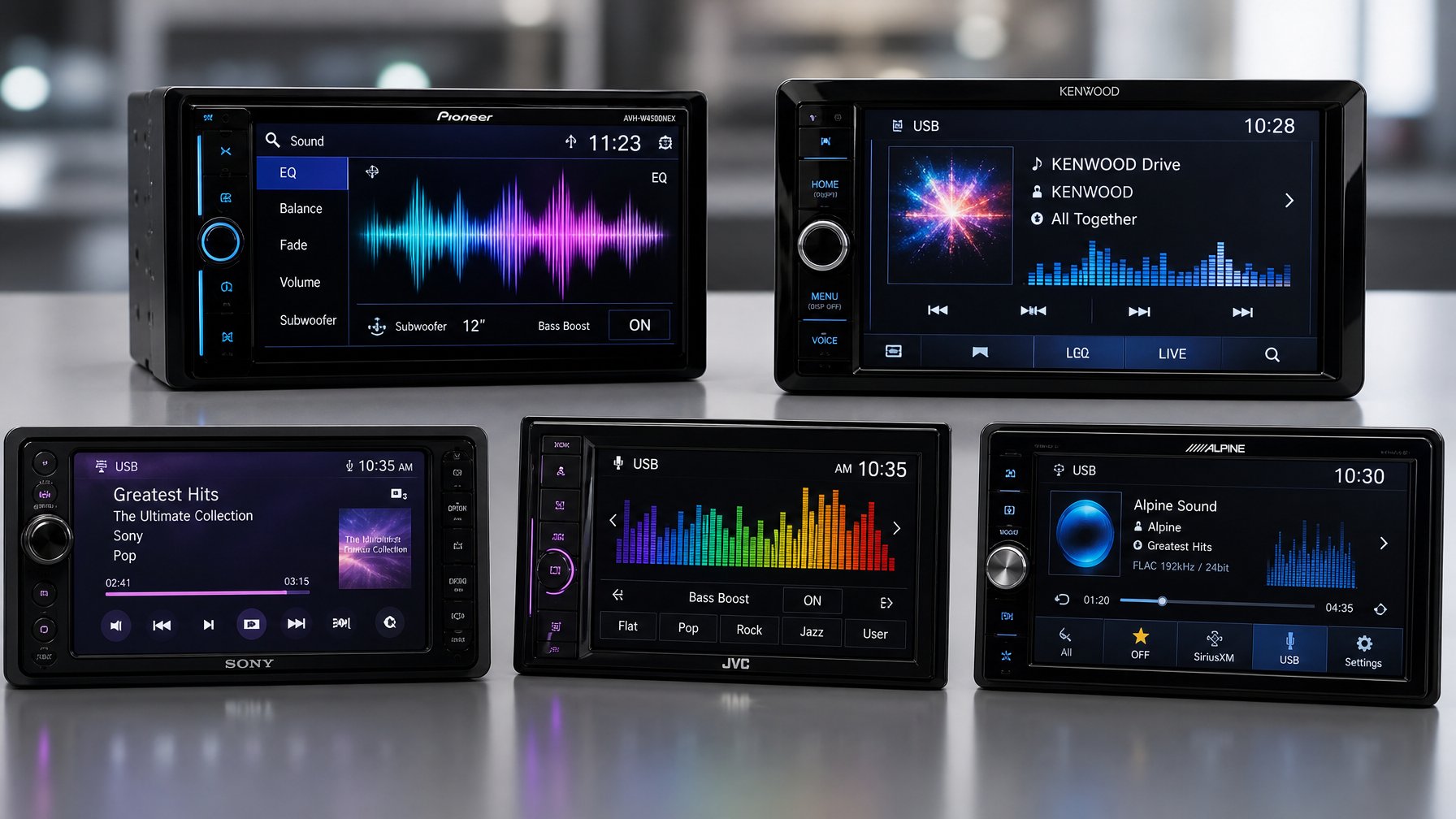 Lima unit audio mobil terbaru tahun 2026 dengan tampilan layar berwarna dan kontrol suara, tersusun rapi di atas permukaan modern.