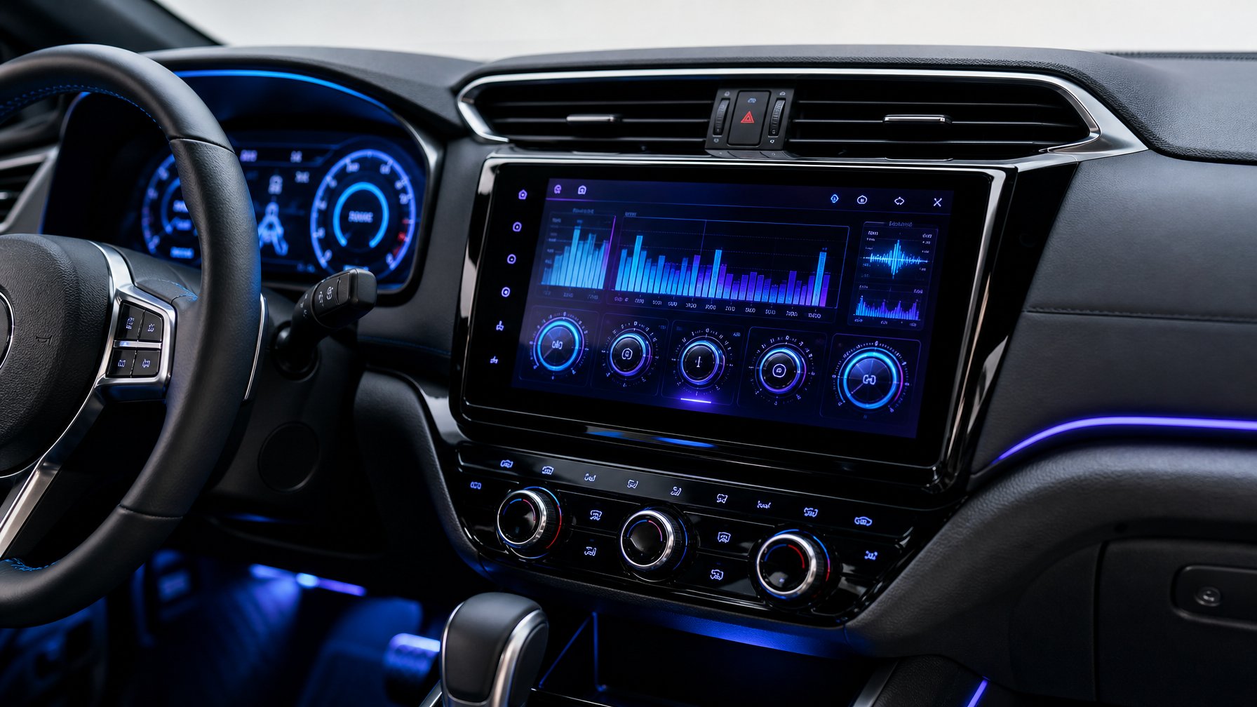 Foto close-up dashboard mobil dengan head unit audio modern dan fitur teknologi canggih, interior mobil tampak mewah dan terang.