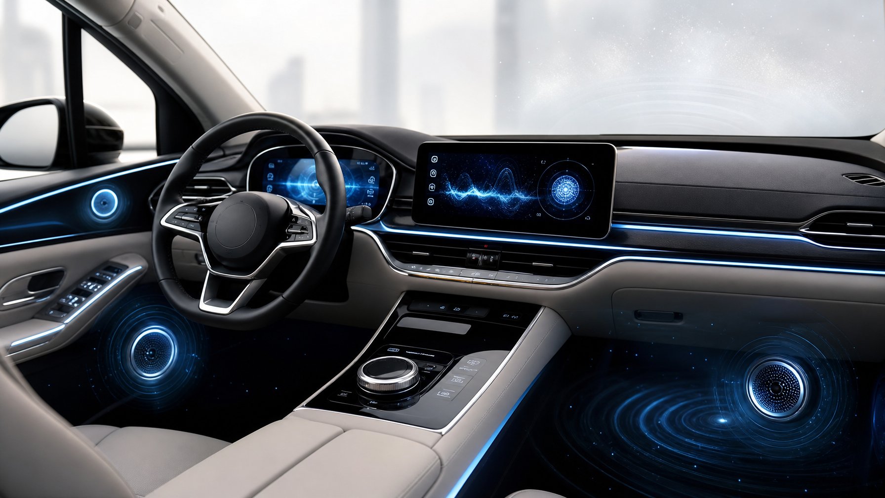 Interior mobil modern dengan sistem audio canggih dan layar digital di dashboard.