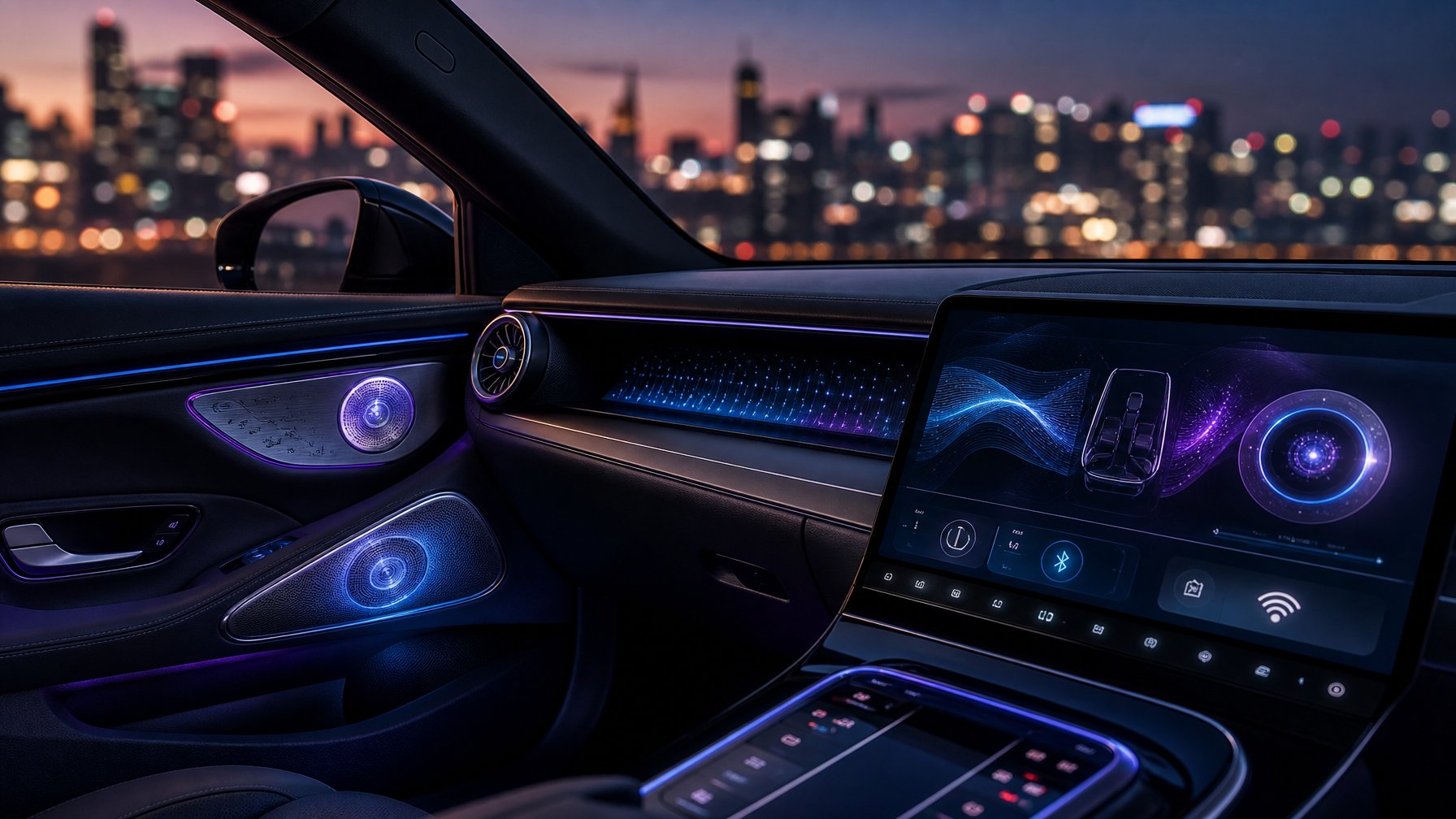 Interior mobil mewah modern dengan sistem audio canggih dan layar sentuh yang menampilkan pengaturan suara dan konektivitas nirkabel.