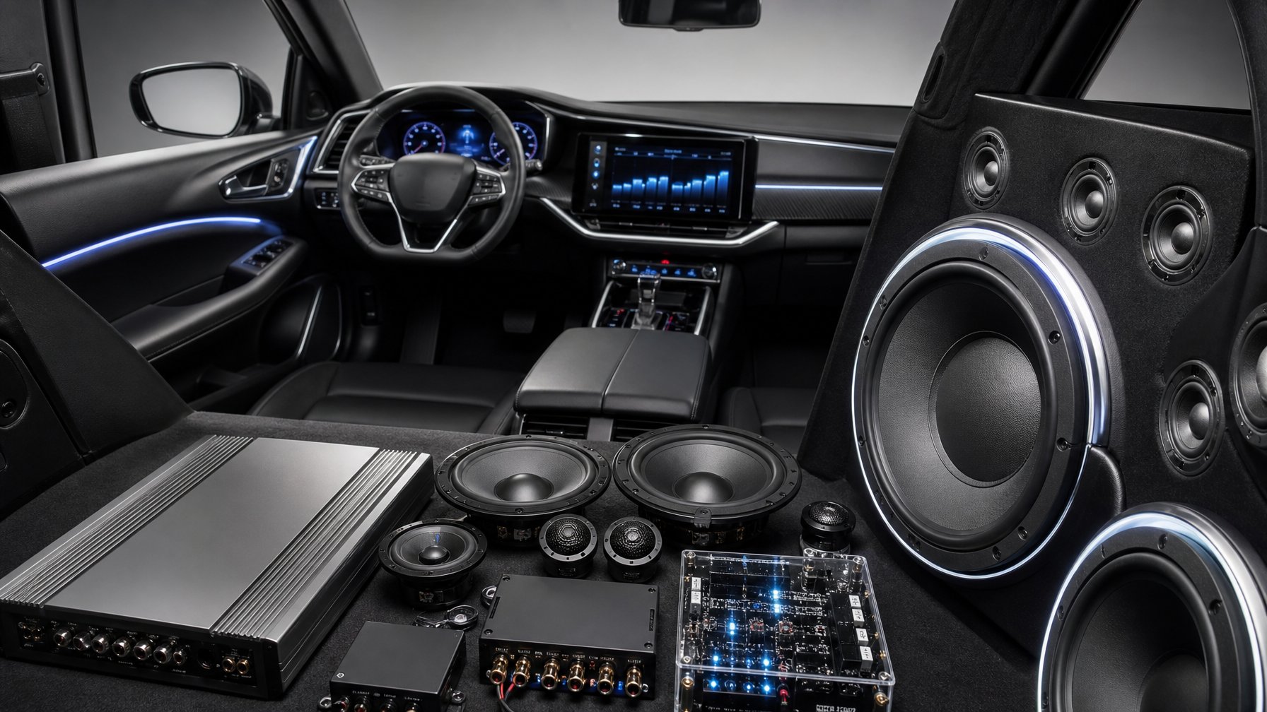Interior mobil modern dengan sistem audio canggih terbaru untuk penggunaan harian dan kompetisi suara.