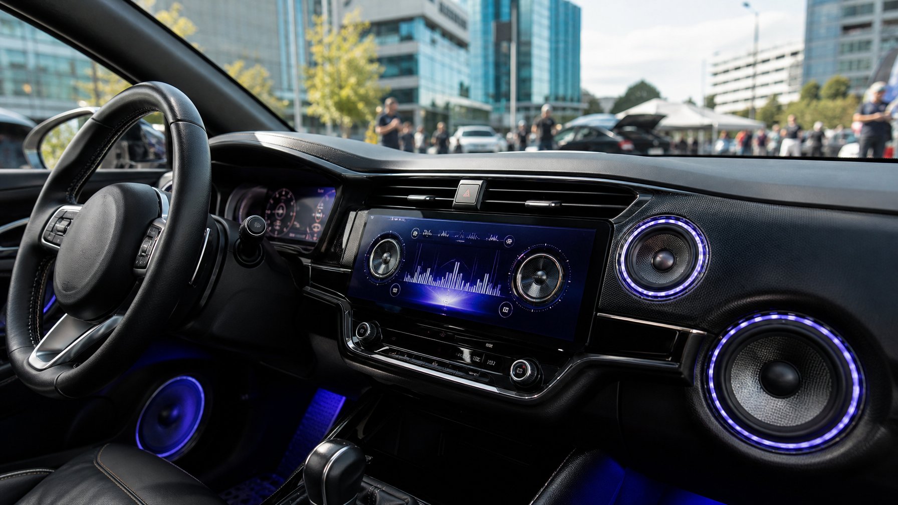 Interior mobil modern dengan sistem audio canggih terbaru tahun 2026, menampilkan dashboard dengan layar sentuh dan speaker yang terang.