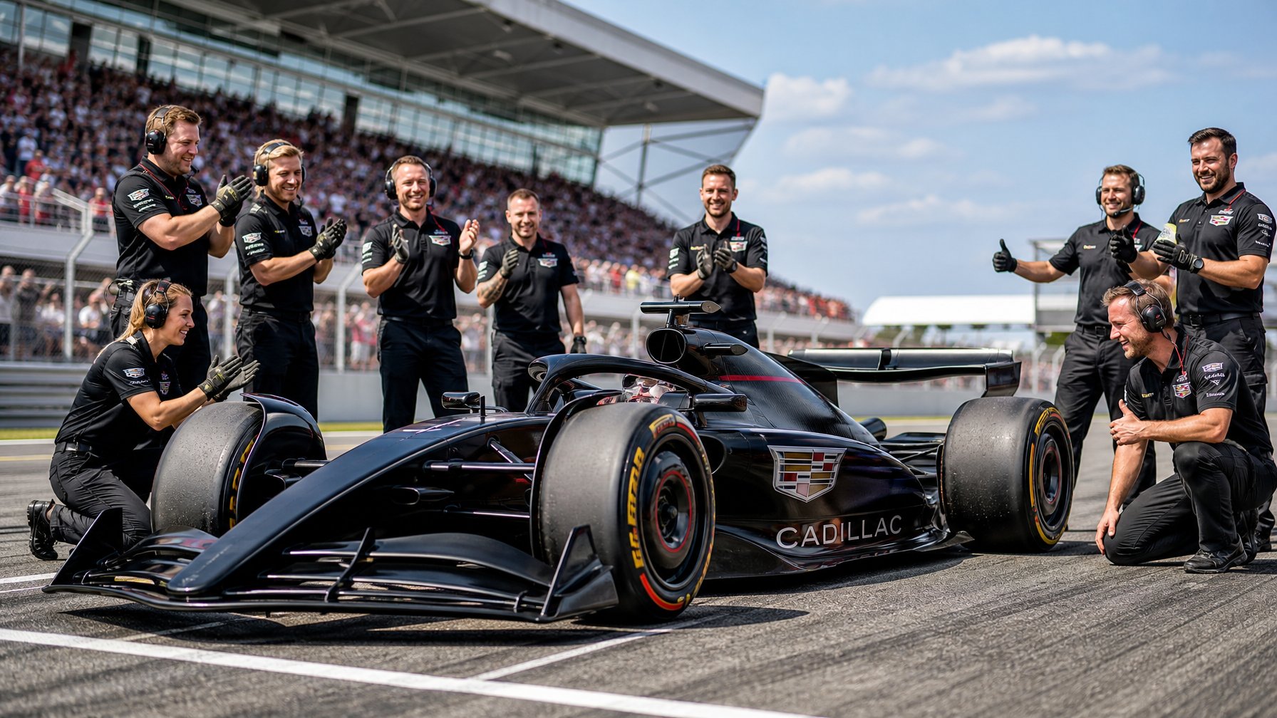 Mobil Formula 1 berlogo Cadillac di lintasan balap, dikelilingi oleh anggota tim yang merayakan di bawah langit cerah.