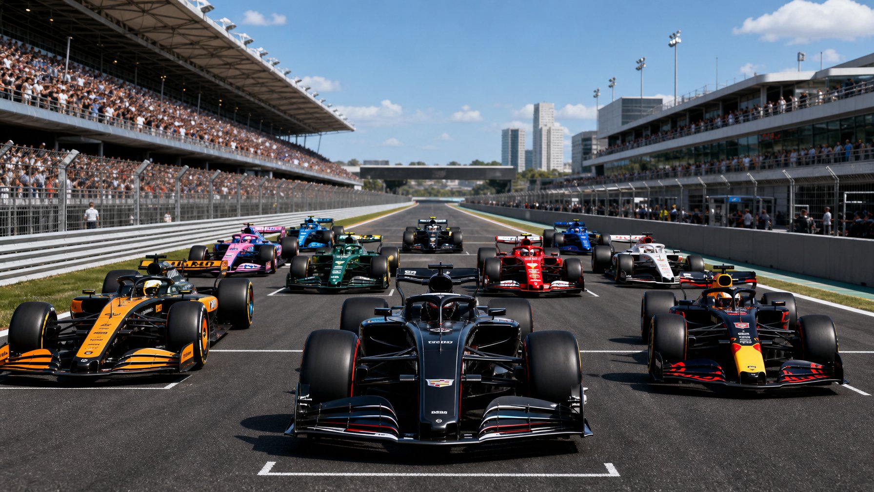 Deretan sebelas mobil Formula 1 dengan desain berbeda di lintasan balap, termasuk mobil Cadillac, siap memulai balapan di musim 2026 dengan penonton di tribun.