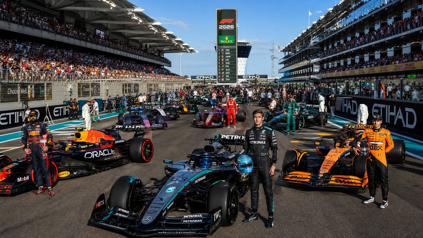 Beberapa mobil Formula 1 dari berbagai tim berjejer di lintasan balap dengan pembalap dan kru tim bersiap untuk musim balap baru.