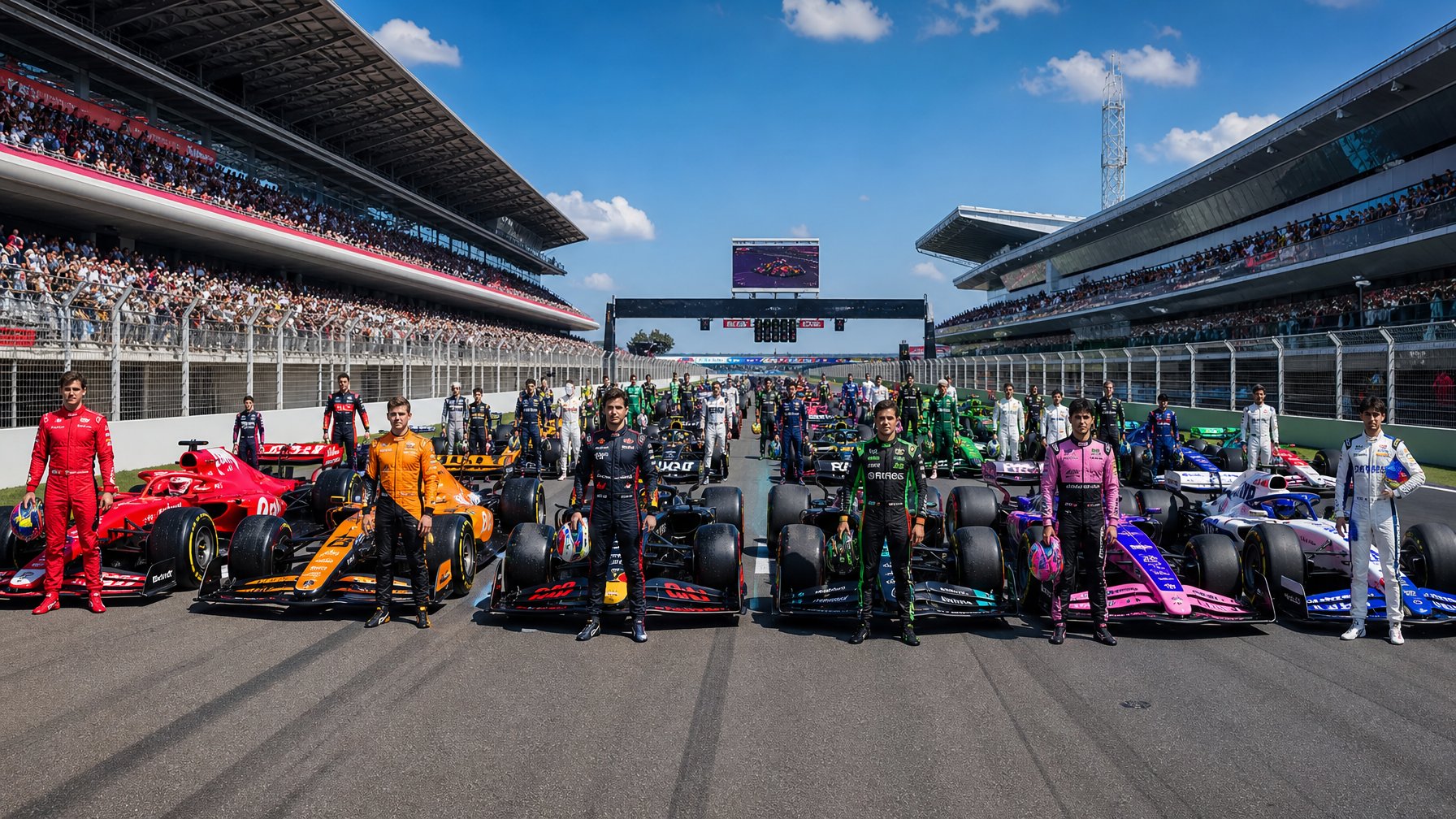 Sejumlah mobil Formula 1 2026 melaju di lintasan dengan para pembalap berdiri di sana, latar belakang tribun penonton dan langit cerah.