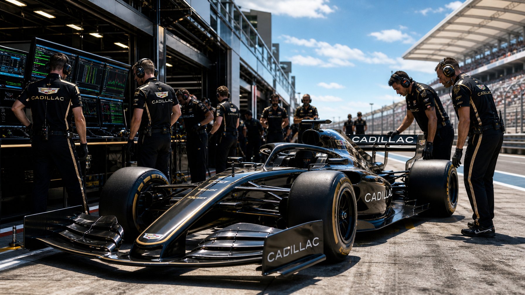 Mobil Formula 1 Cadillac terbaru di pit lane dengan tim yang sedang mempersiapkan mobil untuk balapan.