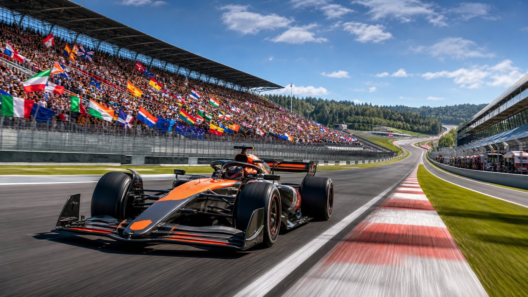 Mobil Formula 1 modern melaju kencang di lintasan balap dengan penonton di tribun dan langit cerah.