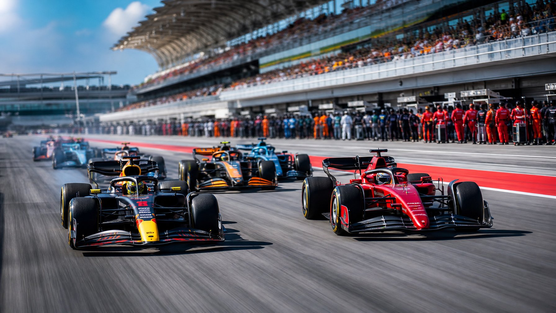 Beberapa mobil balap Formula 1 dari tim unggulan sedang berlomba di lintasan dengan penonton di tribun dan kru pit di samping lintasan.