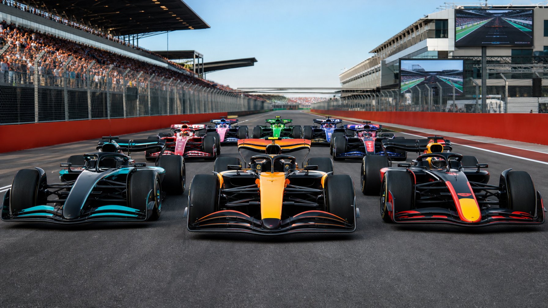 Sebelas mobil balap Formula 1 futuristik berjajar di lintasan balap modern siap bertanding, dengan penonton di tribun dan layar digital di latar belakang.