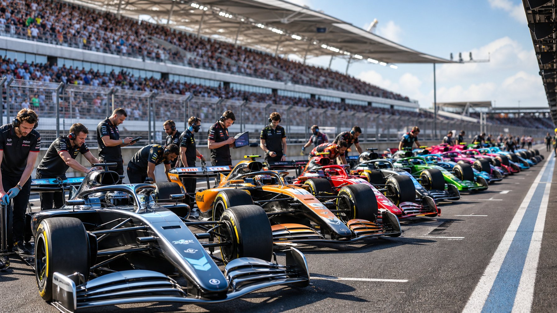 Sebelas mobil Formula 1 modern berdiri di pit lane dengan mekanik dan insinyur yang sedang melakukan persiapan di latar belakang stadion penuh penonton.