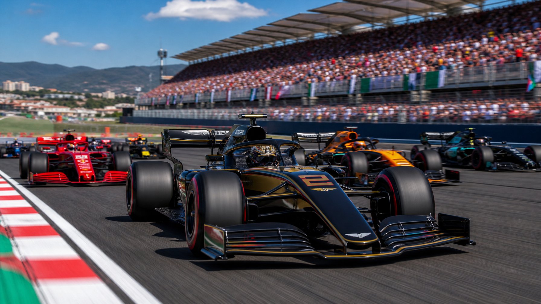 Mobil Formula 1 Cadillac yang modern sedang berlomba di lintasan dengan mobil-mobil lain, dikelilingi oleh penonton dan suasana kompetisi yang intens.