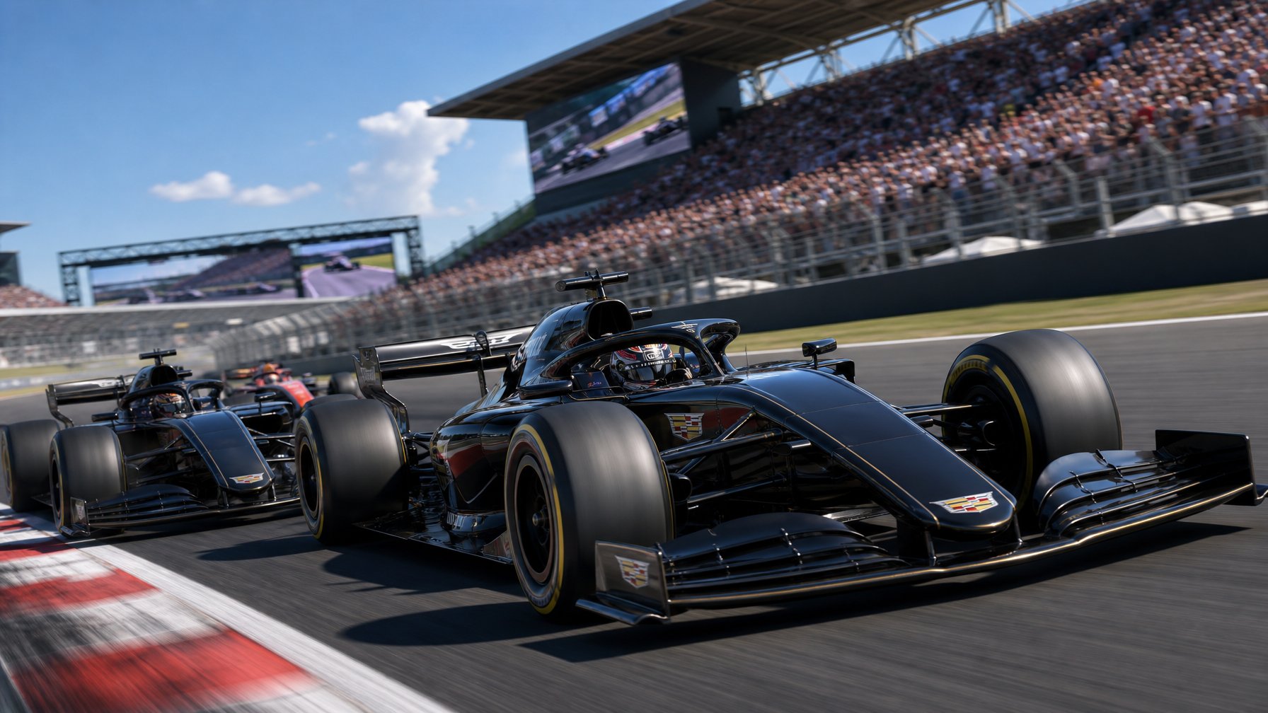 Balapan mobil Formula 1 dengan mobil-mobil berlogo Cadillac yang sedang melaju cepat di lintasan balap dengan penonton di tribun.