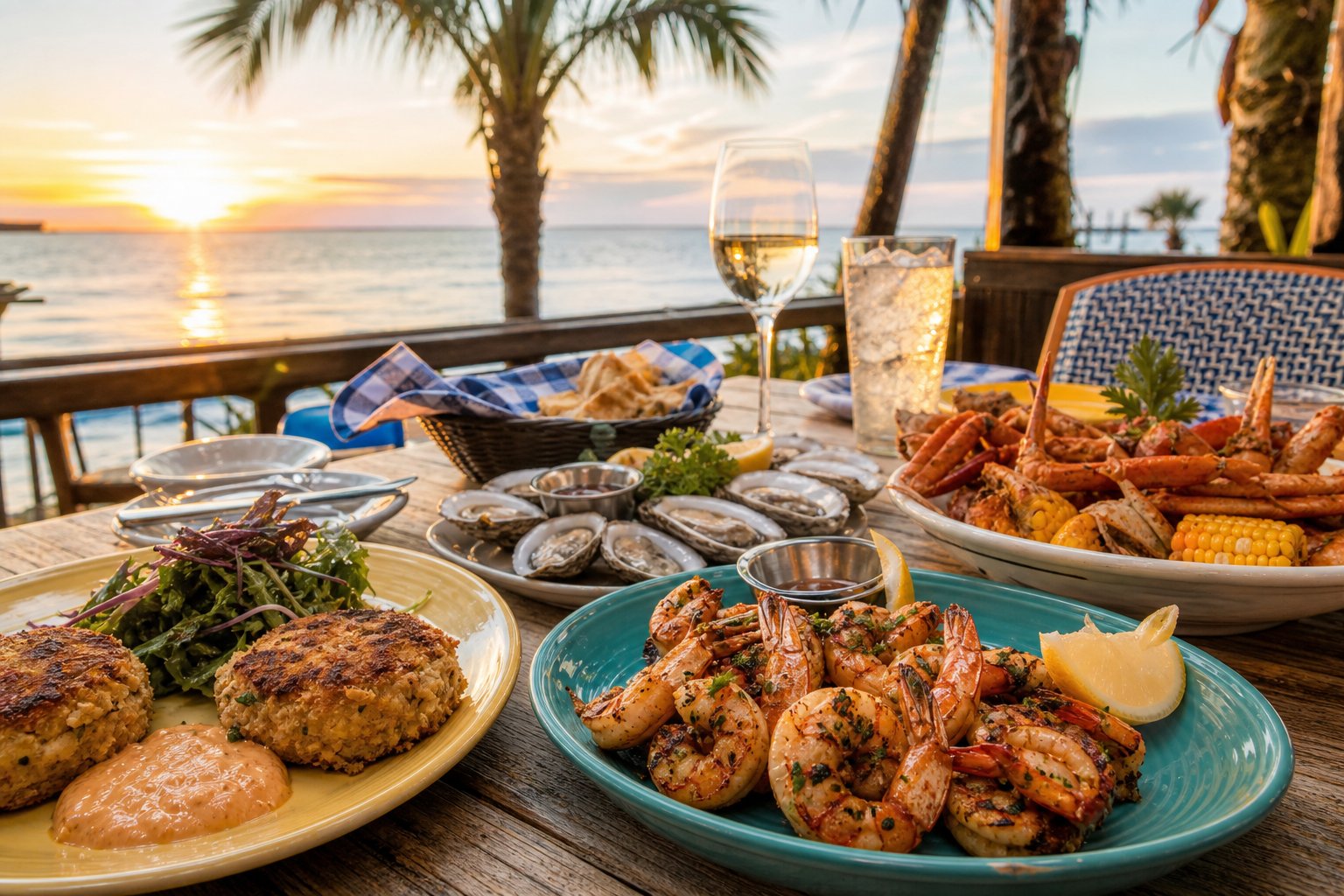Outdoor dining table with fresh seafood dishes by the seaside on the Mississippi Gulf Coast at sunset.