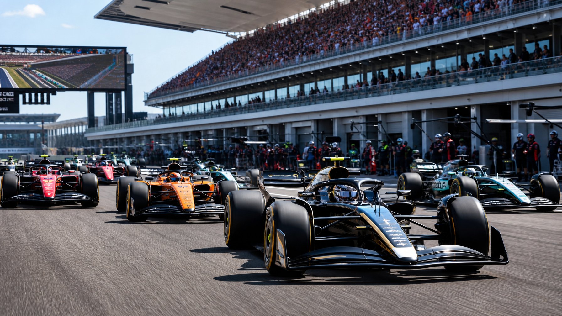 Beberapa mobil balap F1 futuristik sedang melaju di lintasan balap dengan penonton dan kru tim di latar belakang.