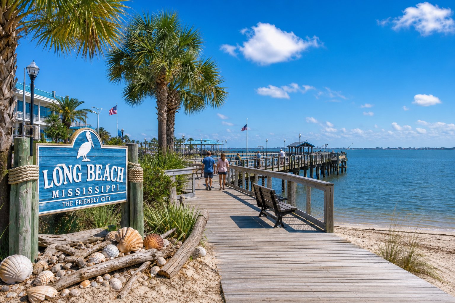A sunny coastal scene showing a wooden pier, sandy beach, palm trees, and people enjoying the Mississippi Gulf Coast in Long Beach.